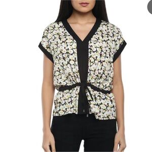 DKNY Black and White Sleeveless Tie Front Blouse